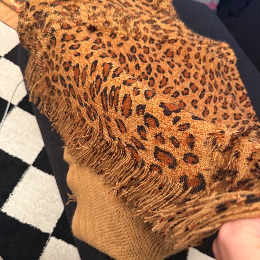 Leopard Print Fringed Poncho Shrug - Camel